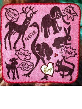 Vintage Betsey Johnson Pink Velvet Zoo Lovers Cat Ostrich Tattoo Washcloth Towel